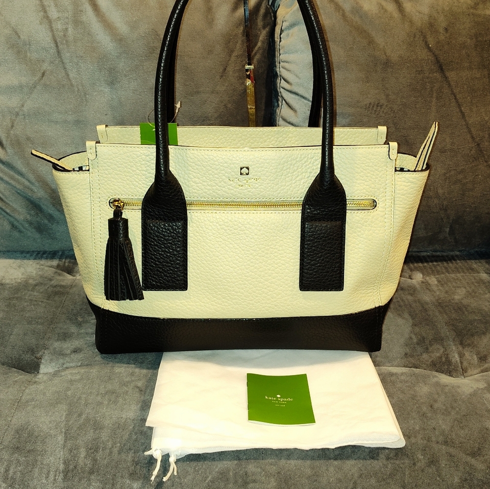 NWT KATE SPADE NEW YORK ODEN SOUTHPORT AVENUE LEATHER CREAM/BLACK TOTE & DUSTBAG